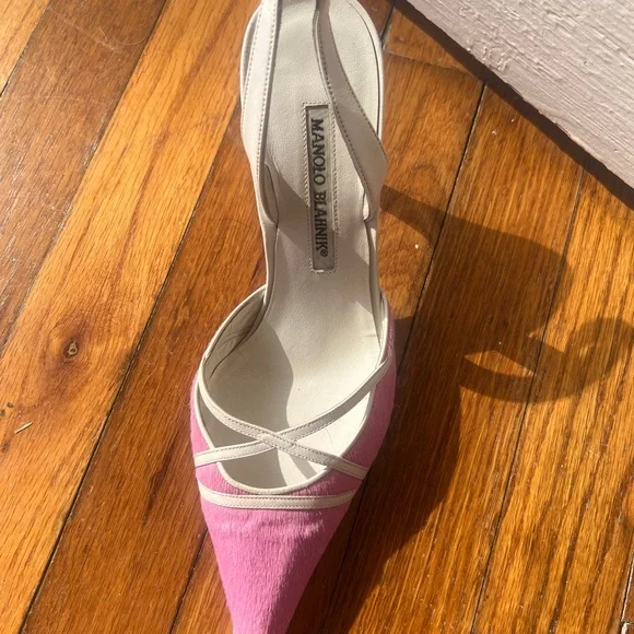 Manolo Blahnik Pink Pony Hair Slingback Heels Size 37 Kitten Heel - Picture 9 of 16